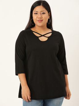 theRebelinme - Plus Size Women Black Solid Cut Out Round Neck Cotton Top