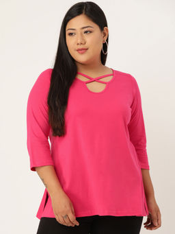 theRebelinme - Plus Size Women Magenta Solid Cut Out Round Neck Cotton Top