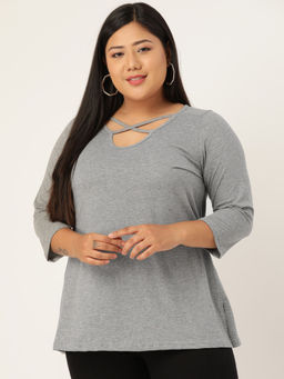 theRebelinme - Plus Size Women Light Grey Solid Cut Out Round Neck Cotton Top