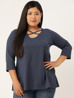 theRebelinme - Plus Size Women Melange Blue Solid Cut Out Round Neck Cotton Top
