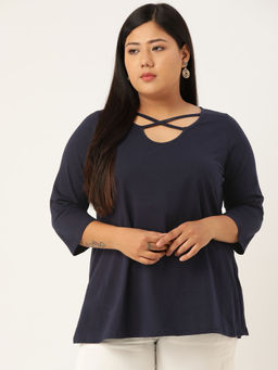 theRebelinme - Plus Size Women Navy Solid Cut Out Round Neck Cotton Top