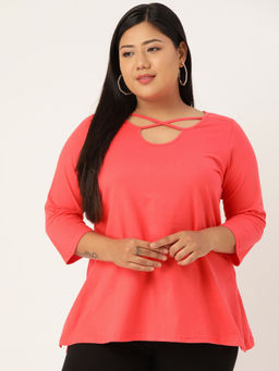 theRebelinme - Plus Size Women Peach Solid Cut Out Round Neck Cotton Top