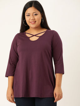 theRebelinme - Plus Size Women Purple Solid Cut Out Round Neck Cotton Top