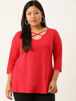 theRebelinme - Plus Size Women Red Solid Cut Out Round Neck Cotton Top