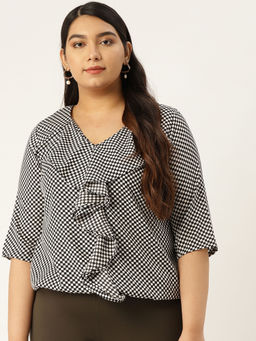 theRebelinme - Plus Size Women Black and White Geometric Print Ruffled Top