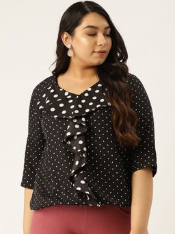theRebelinme - Plus Size Women Black and White Polka Dot Printed Ruffled Top