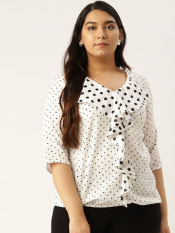 theRebelinme - Plus Size Women White and Black Polka Dot Printed Ruffled Top