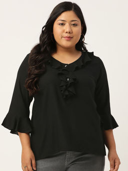 theRebelinme - Plus Size Women Black Solid Bell Sleeves Ruffle Top