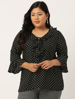 theRebelinme - Plus Size Women Black Polka Dot Bell Sleeves Ruffle Top