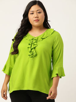 theRebelinme - Plus Size Women Green Solid Bell Sleeves Ruffle Top