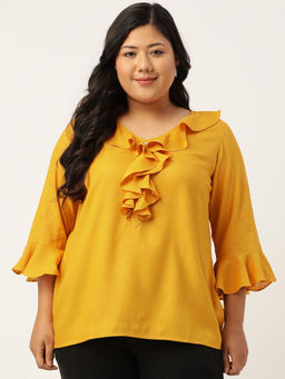 theRebelinme - Plus Size Women Mustard Solid Bell Sleeves Ruffle Top