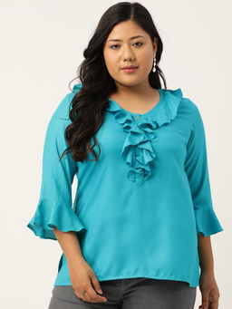 theRebelinme - Plus Size Women Teal Solid Bell Sleeves Ruffle Top