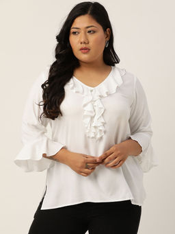 theRebelinme - Plus Size Women White Solid Bell Sleeves Ruffle Top