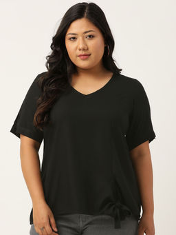 theRebelinme - Plus Size Women Black Solid V-Neck Top with Tie-Up Detail