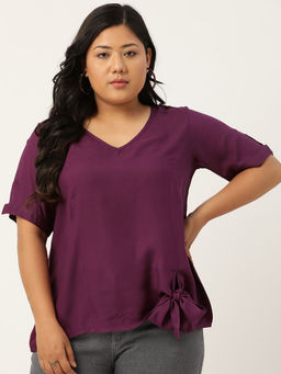 theRebelinme - Plus Size Women Purple Solid V-Neck Top with Tie-Up Detail