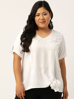 theRebelinme - Plus Size Women White Solid V-Neck Top with Tie-Up Detail