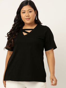 theRebelinme - Plus Size Women Black Solid Color Cut Out Detail Cotton Top
