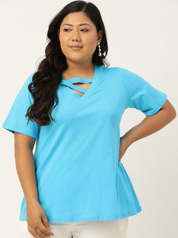 theRebelinme - Plus Size Women Turquoise Solid Color Cut Out Detail Cotton Top