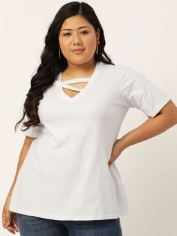 theRebelinme - Plus Size Women White Solid Color Cut Out Detail Cotton Top