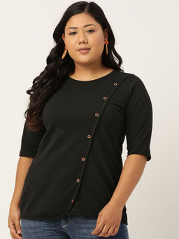 theRebelinme - Plus Size Women Black Solid Color Diagonal Button Cotton Top