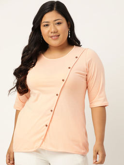 theRebelinme - Plus Size Women Peach Solid Color Diagonal Button Cotton Top