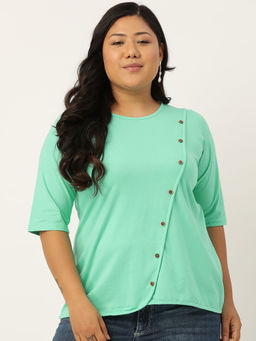 theRebelinme - Plus Size Women Seagreen Solid Color Diagonal Button Cotton Top