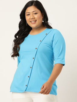 theRebelinme - Plus Size Women Turquoise Solid Color Diagonal Button Cotton Top