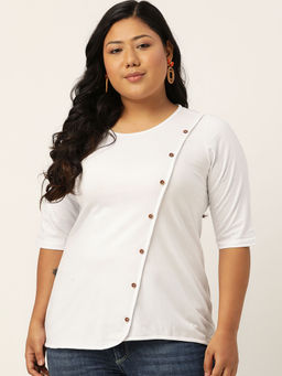 theRebelinme - Plus Size Women White Solid Color Diagonal Button Cotton Top