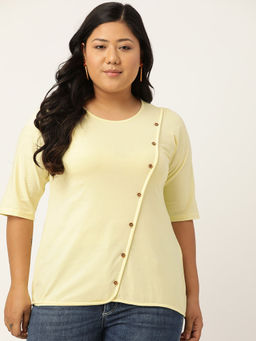 theRebelinme - Plus Size Women Yellow Solid Color Diagonal Button Cotton Top