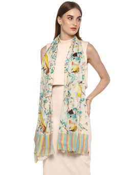 Rhe-Ana - Off White Kelly Stole Wool Modal Bird Print