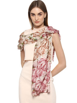 Rhe-Ana - Off White Chrisy Stole Wool Modal Sepia Floral Print
