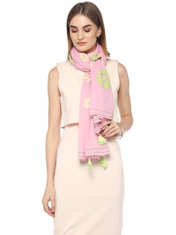 Rhe-Ana - Pink Dahlia Scarf 100% Cotton Applique Work with Multicoloured Pom Poms