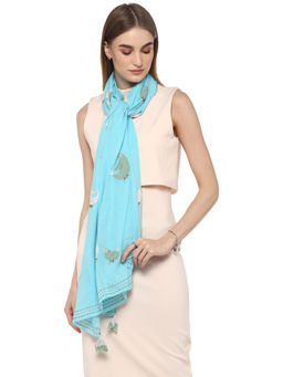 Rhe-Ana - Turquoise Patsy Scarf 100% Cotton Applique Work with Bird Embroidery