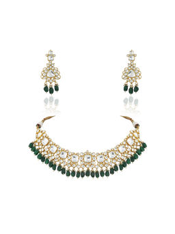 RIANA JEWELLERY - Big White Jadtar Stone Set With Green Beads (Set of 2)