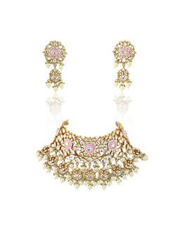 RIANA JEWELLERY - White and Pink Meena Necklace Set With Pearl (Set of 2)