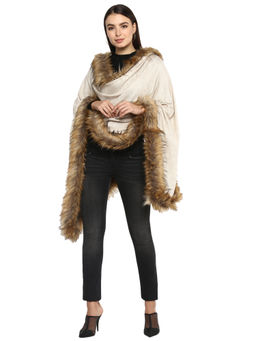 Rhe-Ana - Kim Beige Cashmere Blend & Faux Fur Trim Stole