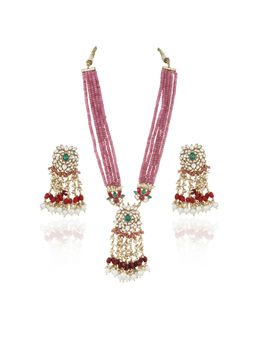 RIANA JEWELLERY - White, Red and Green Stone Pendant Set With Light Pink Small Beads 5 Line (Set of 2)