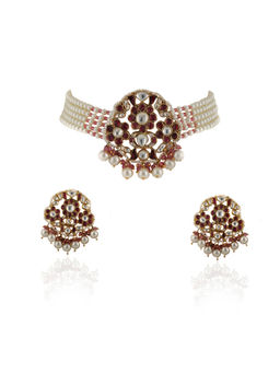 RIANA JEWELLERY - Pink and White Stone Choker Set With 4 Pearl Line (Set of 2)