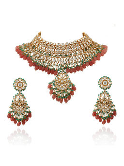 RIANA JEWELLERY - White Jadtar Stone With Pastel Pink and Green Heavy Bridal Necklace Set (Set of 2)
