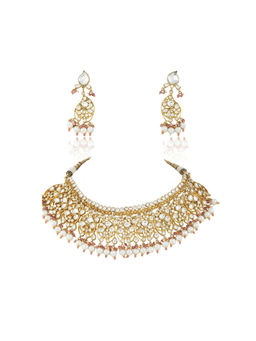 RIANA JEWELLERY - White Small Stone Oval Motives Necklace Set (Set of 2)