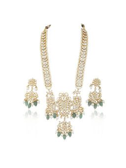 RIANA JEWELLERY - White Jadtar Stone Peacock Long Pendant Set With Sea Green Beads (Set of 2)