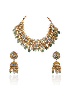 RIANA JEWELLERY - White Stone Necklace Set With Pearl and Sea Green Beads (Set of 2)