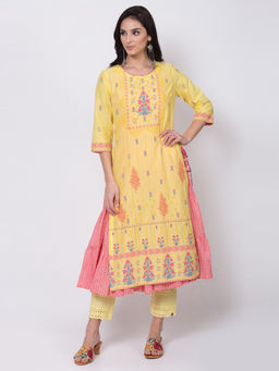 Biba - Yellow Floral Kurta With Inner (Set of 2)