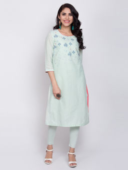 Biba - Mint Green Floral Straight Kurta