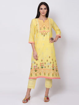 Biba - Yellow Floral Print Kurta
