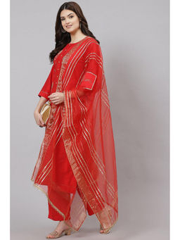 Biba - Red Art Silk Unstitched Dress Material Suit (Set of 3)
