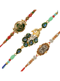 Arendelle - Combo of 3 Gold Plated Om Peacock Swastik Rakhi For Brother