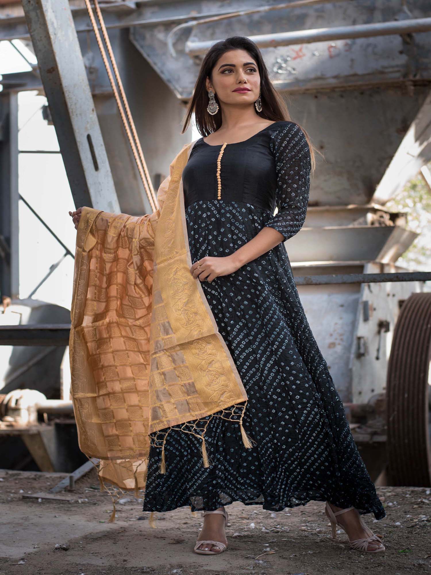 Rangpur Salwar Suits And Sets Buy Rangpur Black Bandhani Anarkali With Golden Dupatta Set Of 3 Online Nykaa Fashion Bottom is cotton material in plain matching and dupatta is ethnic banarasi silk weaving in matching same as shown. rangpur black bandhani anarkali with golden dupatta set of 3