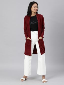 RAREISM - Maroon Solid/plain Cardigans & Sweaters