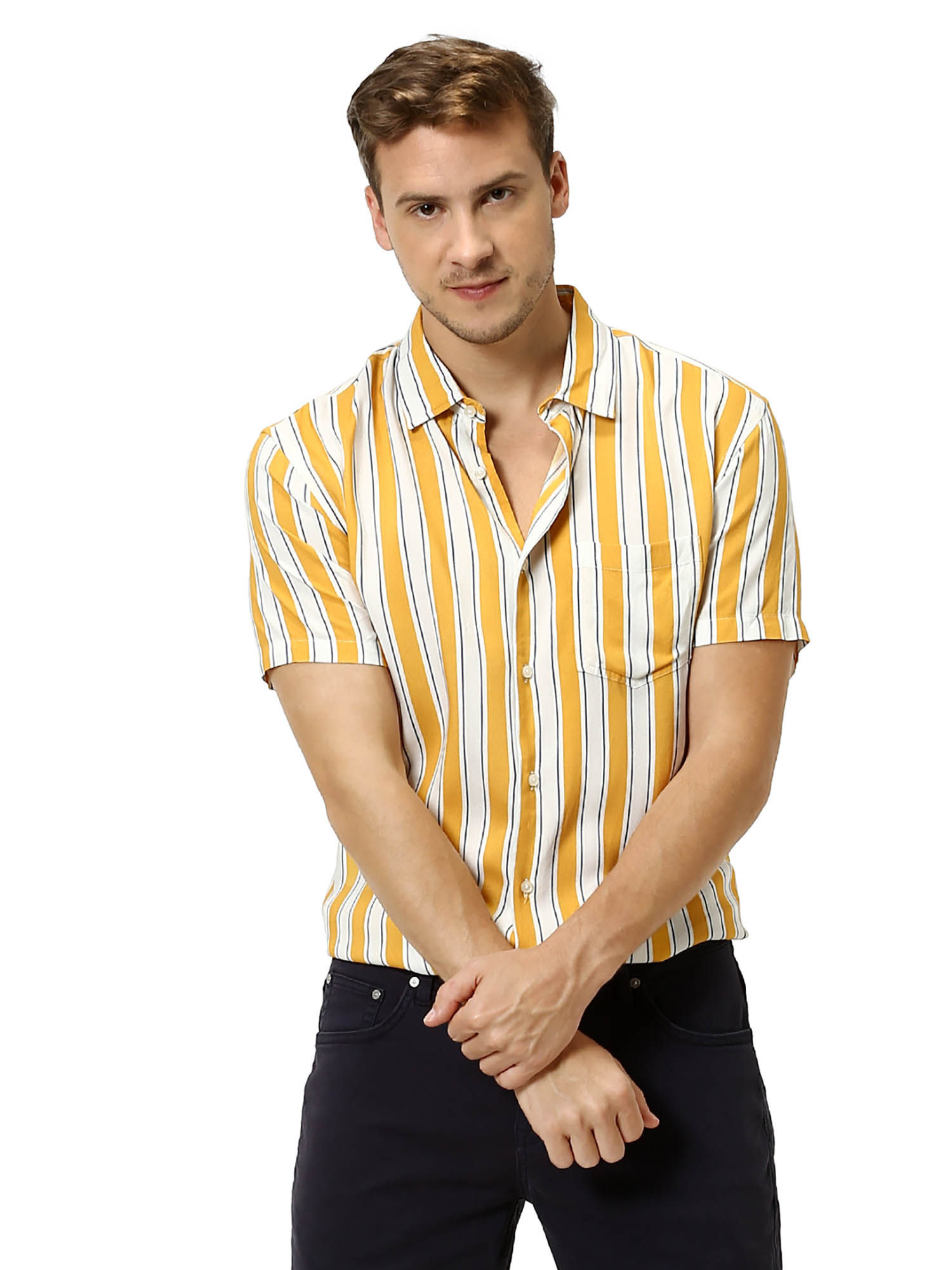 Buy Celio Mustard Half Sleeves Stripes 